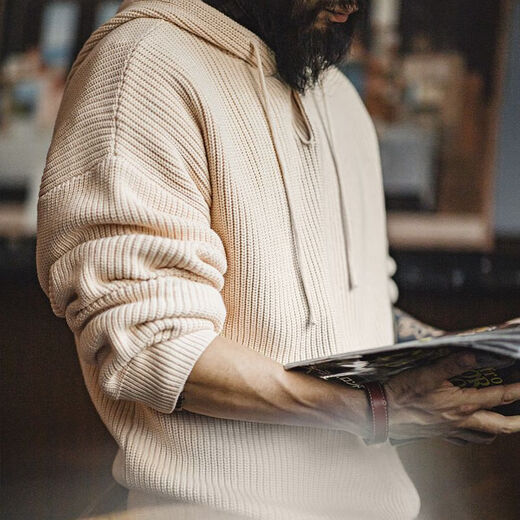 Maden Workwear American Casual Henley Collar Knitted Hooded Sweatshirt Loose Lazy Style Pullover Top Men's Autumn and Winter Ivory White M