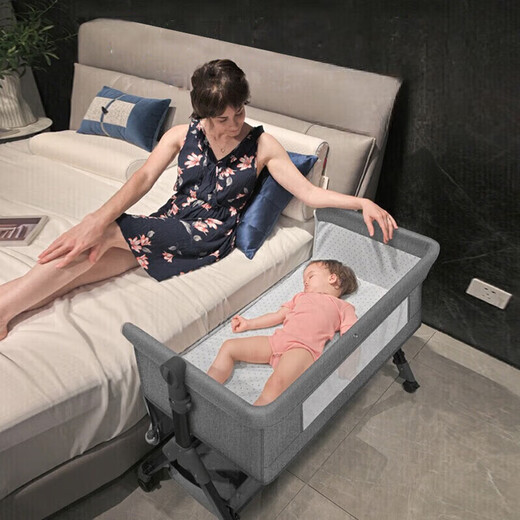 Baby crib with diaper changing table, nursing table cradle, removable folding baby newborn bed, mosquito net rocking bed, gray mosquito net + nursing table + mattress + rocking bed