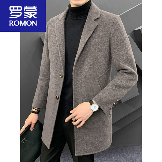 ROMON double-sided cashmere coat men's mid-length Korean style autumn and winter thickened Nizi British windbreaker wool woolen coat mixed coffee-18705 M 110-125Jin Jin is equal to 0.5 kg