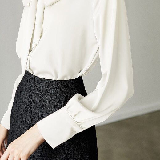 Yanyu bow tie long-sleeved shirt women's autumn 2025 temperament professional commuting satin shirt white M