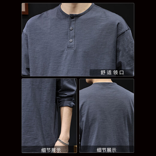 JEEP SPIRIT bamboo pure cotton autumn 2025 new long-sleeved T-shirt men's American retro heavyweight large size Henry collar with trendy dark gray XL