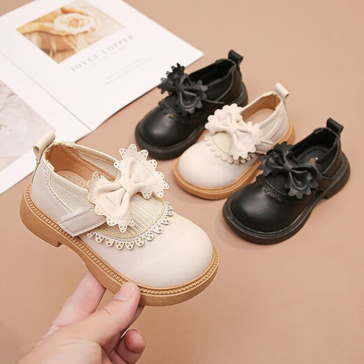 Bangboshi Girls' Small Leather Shoes Princess Shoes 2026 Four Seasons New British Style Girls' Versatile Soft Sole Performance and School Wear Single Shoes Bow-Off-White Size 28 Inner Length 17.4cm