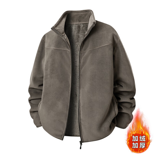 MiiOW Double-sided Polar Fleece Jacket Men's Winter 2025 New Fleece Warm Solid Color Loose Velvet Thickened Stand Collar Jacket Dark Gray XL