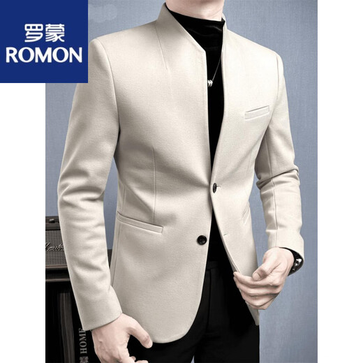 罗蒙（ROMON）高端毛呢新中式西装套装男款正装秋冬款立领中山领中老年人西服 中式立领咖色单西装 XL 120-135斤