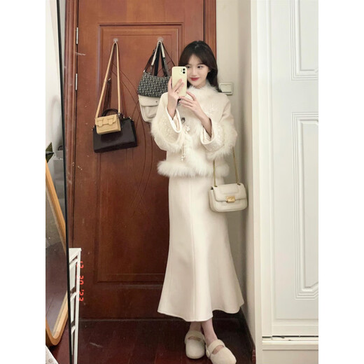 Hengyuanxiang winter clothing with a complete set of large size fat mm new Chinese woolen coat Xiaoxiang style royal sister fashion suit for women two-piece suit L (recommended 100-120 Jin Jin equals 0.5 kg)