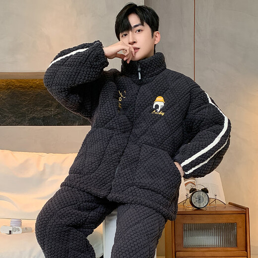 Langsha pajamas men's winter thickened plus velvet three-layer quilted warm home clothing outer wear large size suit