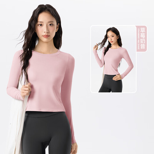 LULUUVTTOH autumn and winter long-sleeved yoga clothes for women, round neck, slim fit, sports T-shirt, Pilates training fitness clothes top, strawberry milkshake M