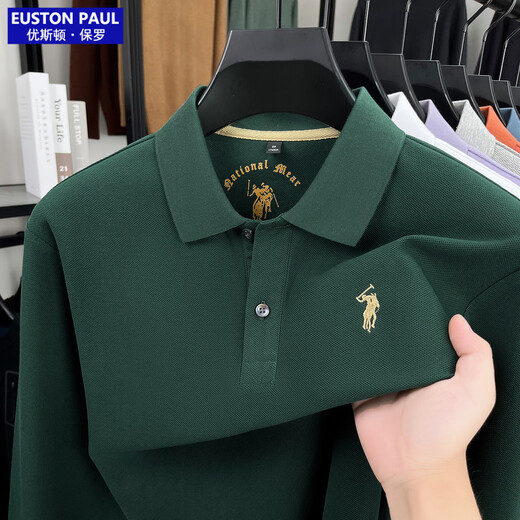 EUSTON PAUL Authentic Autumn New 100% Cotton Men's Long-Sleeved T-Shirt High-end Lapel Embroidery Versatile POLO Shirt for Young and Middle-aged People Black 2XL (54) Weight 155-170Jin Jin is equal to 0.5 kg