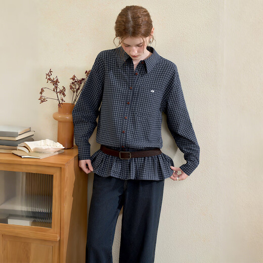 Westlink Retro Blue Plaid Shirt Women's Autumn New Waist Ruffle Design Shirt Jacket Blue M (160)