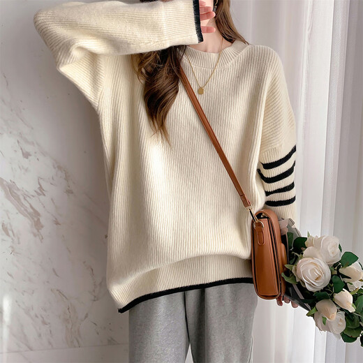TonLion 2025 Autumn and Winter Simple Wind Sleeve Striped Design Women’s Round Neck Pullover Sweater