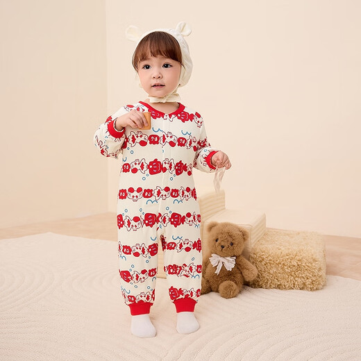 Balabala children's clothing baby jumpsuit newborn baby baby fart-covering clothes boys and girls winter crawling clothes thickened warm soft cute red goldfish 00316 80cm