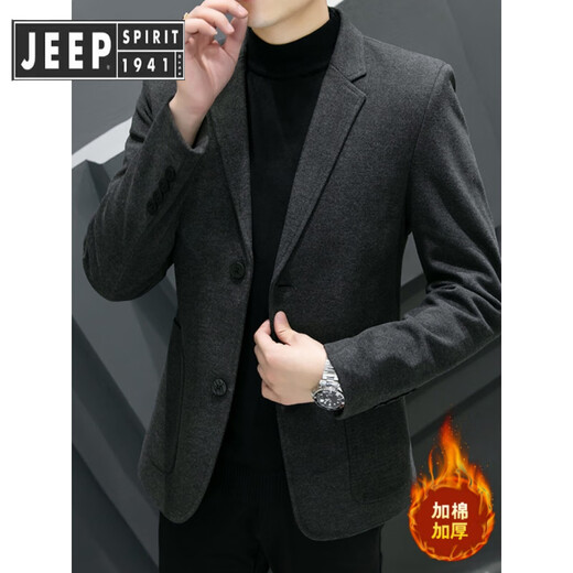 JEEP SPIRIT Jeep Men's Suit Woolen Suit Autumn and Winter Woolen Small Suit Slim-fitting Korean Style Light Luxury Warm Style Cotton and Thickened Gray (Cottoned) Thickened M