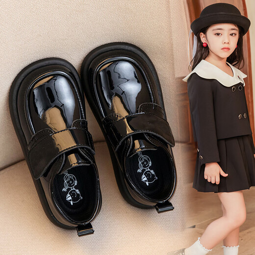 Shepherd Niu (MUTONGNIU) children's leather shoes, genuine black, campus performance student shoes, soft sole, wide head, girls and boys, plus velvet, warm children's shoes, black plus velvet, 24, inner length 15.3CM