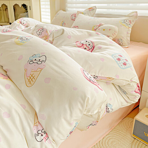 Four-piece bedding set of pure cotton for home maternal and infant grade double-layer gauze sheets and quilt cover for single student dormitory three-piece set Sweetheart KT 1.8m bed quilt cover 180*220 bed sheet 230*230 pillowcase 2