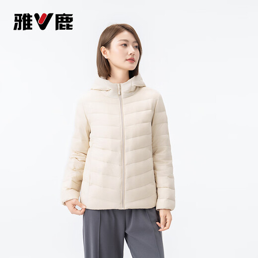 Yalu Down Jacket Women's Lightweight Autumn Down Hooded Simple Solid Color Slim Fit Warm Short Jacket Off-White 170