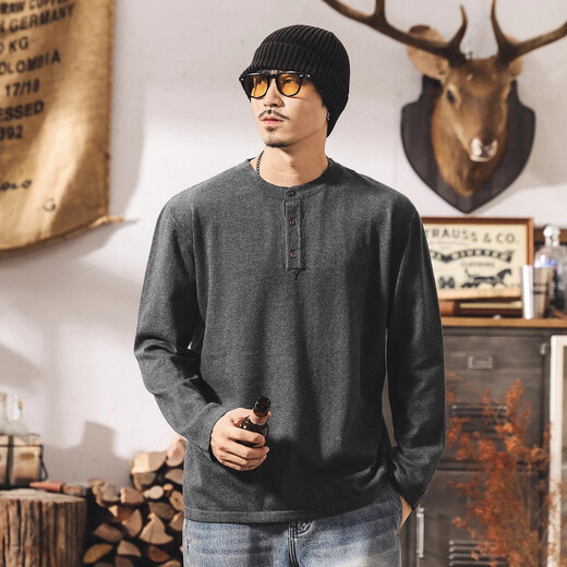 Jay Leno American retro sweater Henry collar sweater men's autumn and winter new loose lazy style long-sleeved sweater for men dark gray S suitable for 90-115Jin Jin equals 0.5 kg