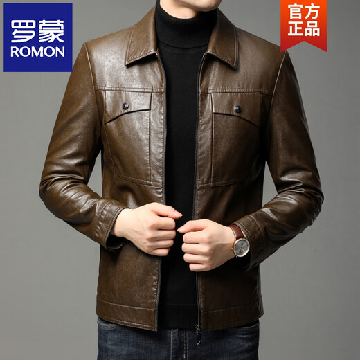ROMON leather jacket men's spring new leather jacket men's single leather casual lapel father's imitation sheepskin jacket black L 175