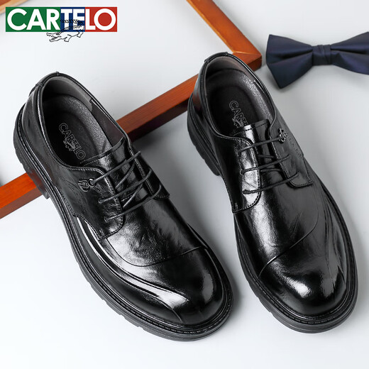 卡帝乐鳄鱼（CARTELO）英伦男士皮鞋厚底增高商务休闲鞋圆头软牛皮鞋男9923黑色增高39