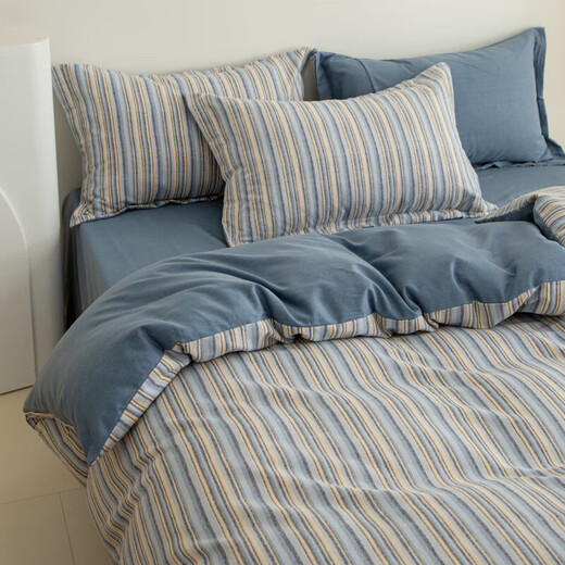 High-end home new thickened pure cotton brushed four-piece set 100% cotton spring, autumn and winter bed sheets, quilt covers and fitted sheets, Ellen-Blue, comfortable and skin-friendly bed sheets, 1.8 four-piece set-quilt cover 200x230