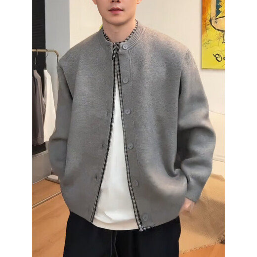 XUANSENTU fake two-piece plaid patchwork sweater loose lazy style cardigan jacket men's Henry collar American retro sweater black L