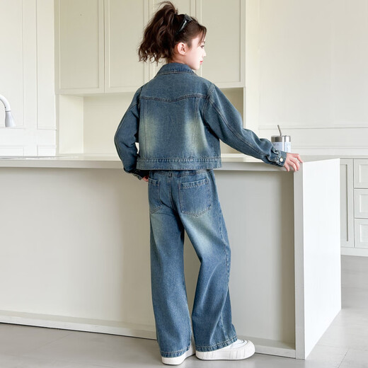 WOATI International Imported Big Brand Children's Clothing Girls Autumn Denim Suit 2025 New Children's Fashionable Spring and Autumn Medium and Large Blue Jacket + Pants 130 cm