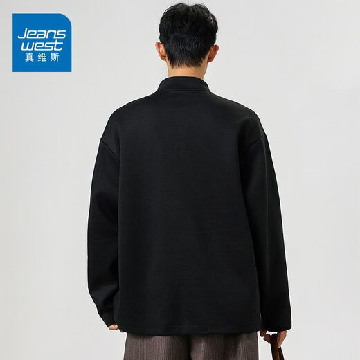 Jeanswest 2025 Men's Henley Collar Long Sleeve Sweatshirt Autumn New American Fashion Brand Stand Collar Versatile Loose Casual Top Black M