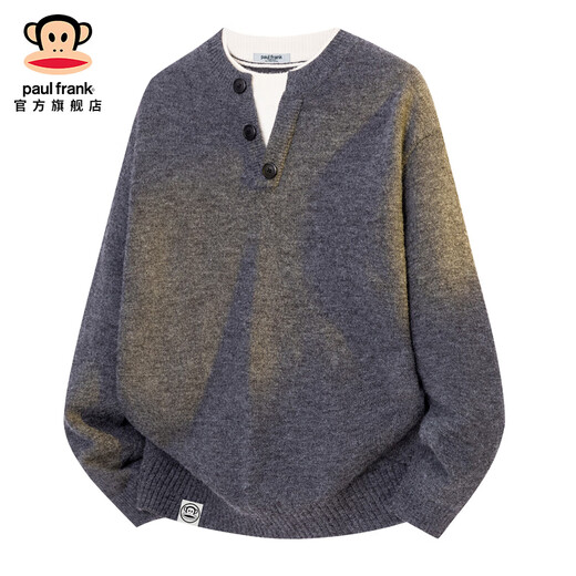 Big-mouthed monkey (paul frank) fake two-piece Henry collar sweater men's autumn and winter new trendy brand loose sweater warm solid color casual top gray autumn new product M recommended 90-115Jin Jin equals 0.5 kg