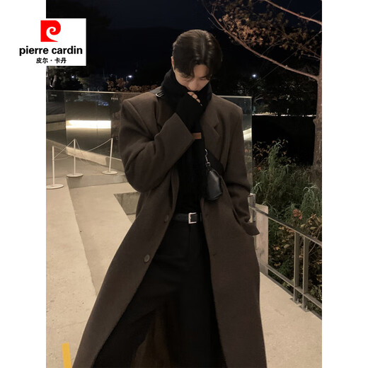 皮尔卡丹（pierre cardin）春秋韩版美拉德毛呢大衣男感中长款垫肩风衣过膝宽松呢子外套 咖啡色（加棉里衬） XL