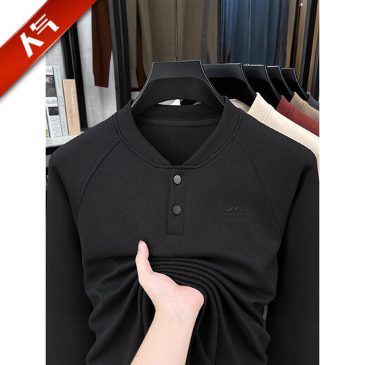 GOLDLION G+ German velvet two-button Henry collar sweatshirt men's autumn and winter new casual pullover loose long-sleeved bottoming shirt Khaki M (recommended 95-110Jin Jin equals 0.5 kg)