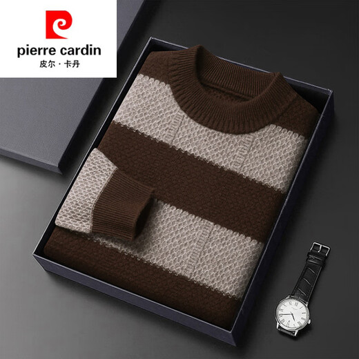 Pierre Cardin brand 100% pure cashmere men's high-end cashmere sweater winter warm round neck pullover color block sweater base layer smoke gray brand gift box packaging L (170) recommended weight 120-140Jin Jin equals 0.5 kg
