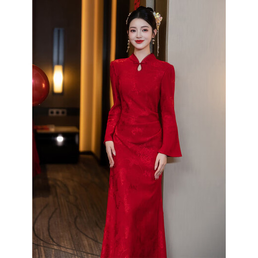Xiangge Engagement Clothes Women's New Chinese Style Cheongsam Winter Clothes Improved Toast Clothes 2025 New Bride Wedding Dress Mermaid Back Burgundy Long Sleeve Quick Hair 2XL