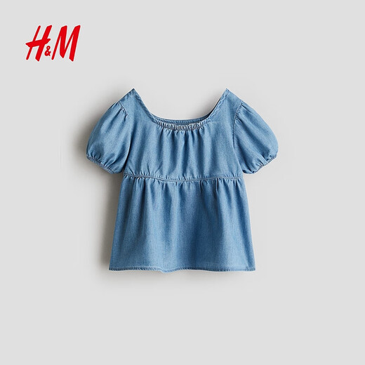 H&M Children's Clothing Children's Girls' Shirt Spring Square Neck Cute Puff Sleeve Top 1301581 Denim Blue 150 150/76 (10-12Y)