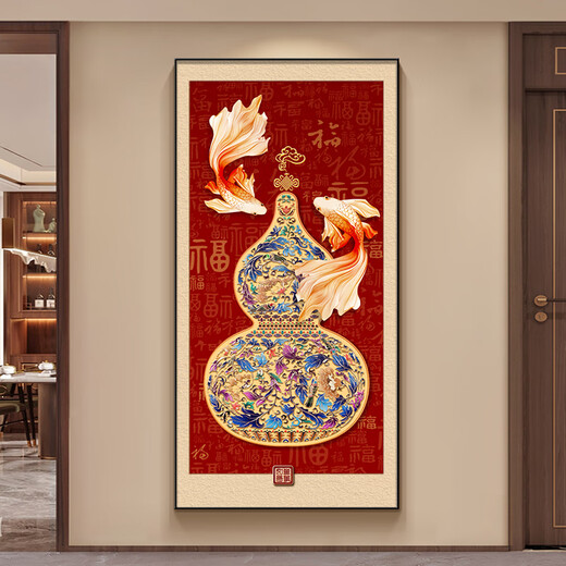 Mao Gongzi's new Chinese style Fu character gourd entrance decoration painting opposite the door corridor living room decoration painting high-end mural Fulu Chengxiang-X13792 160*80cm black frame