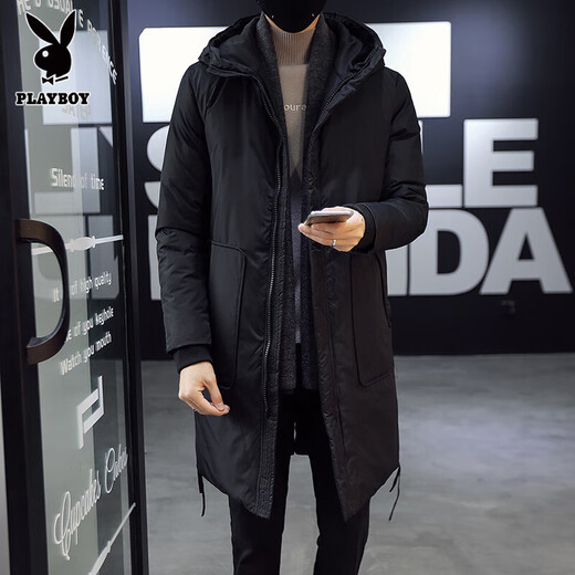 Playboy medium-length hooded down cotton coat for men, Korean version, slim and trendy 2025 winter simple thickened parka warm coat, black M