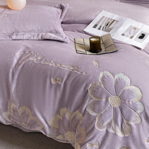 Mercury series 2024 new winter thickened milk velvet four-piece set warm coral velvet embroidered quilt cover sheet fitted sheet plush bedding Class A quick heating non-shedding milk white 1.5 meter bed sheet style four-piece set quilt cover 200 230