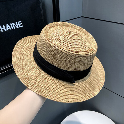 Grosfairy French flat-top sunshade straw hat for women summer hat sun protection sun hat for beach travel straw big-brimmed beach hat MIUIN webbing-black