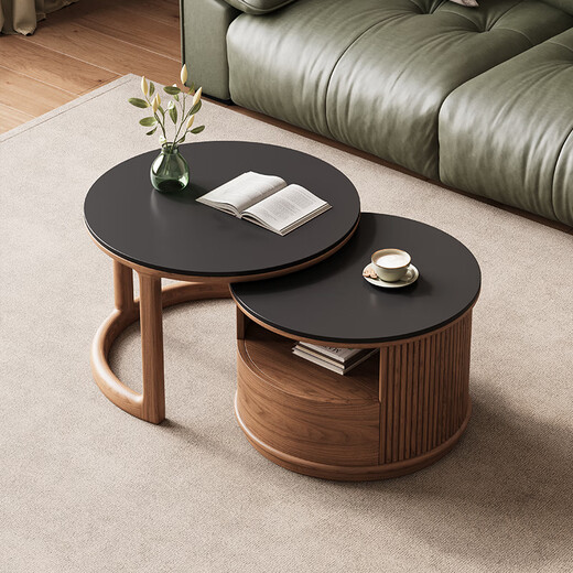 Solid wood coffee table size combination modern simple log round tea table living room slate tea table small apartment storage side table solid wood color + white slate surface coffee table + side table