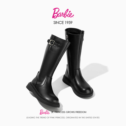 Barbie children's shoes girls boots spring and autumn high leather boots girls cotton boots children's boots DA6982 black 35