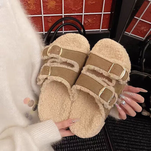 Thick-soled platform Birkenstock furry slippers for women, 2025 autumn and winter new fashion, one-word belt buckle, plush cotton slippers, camel 35
