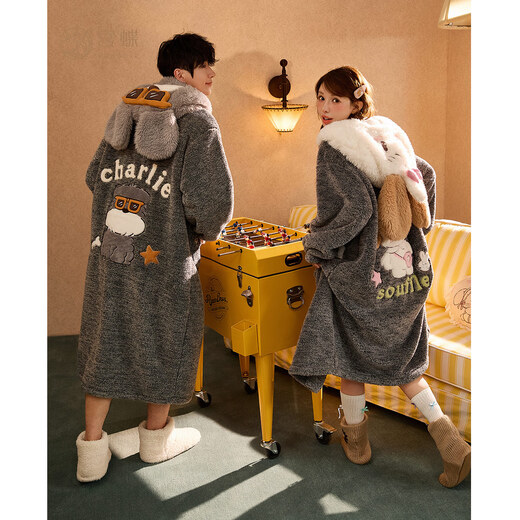 Gongdie thermal storage mikko winter couple nightgown women's velvet thickened cute cartoon hooded pajamas