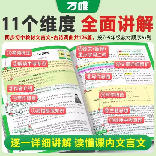 2025 Versión de la interpretación completa china china china junior de un libro, Edición de educación de la gente de la gente del libro de texto especial chino, primer, segundo, escuela secundaria, tercera, ochenta y noventa y séptimo grado, debe memorizar poemas antiguos y la explicación completa de la lectura de chinos clásicos y práctica.