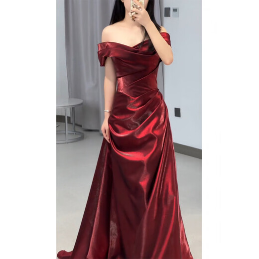 Wutuo one-shoulder toast dress burgundy wedding evening dress female host engagement banquet light luxury bride burgundy M