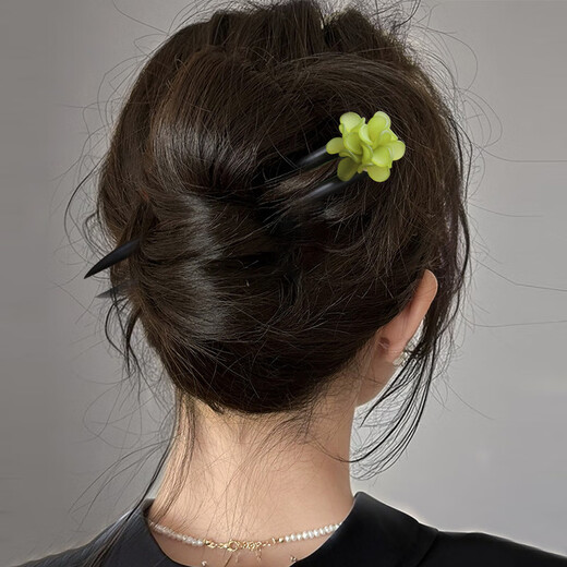Shijanu 13cm ebony U-shaped hairpin ethnic style women's new U-shaped - green flower wood
