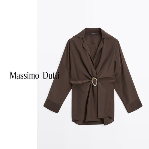 Massimo Dutti Discount Upgrade 2026 Women's French Elegant Temperament Brooch Waist Long Shirt Long Sleeve 05135695 Chocolate M -L (CN 175/96A)