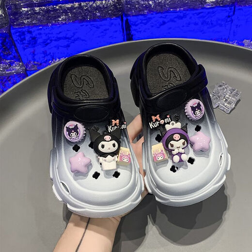 Children's Crocs Girls Summer Style 2025 New Kuromi Girls Beach Baotou Sandals Anti-Slip Parent-child Slippers Gradient Black and White SpongeBob SquarePants Size 30-31 (Inner Length 19.5cm)