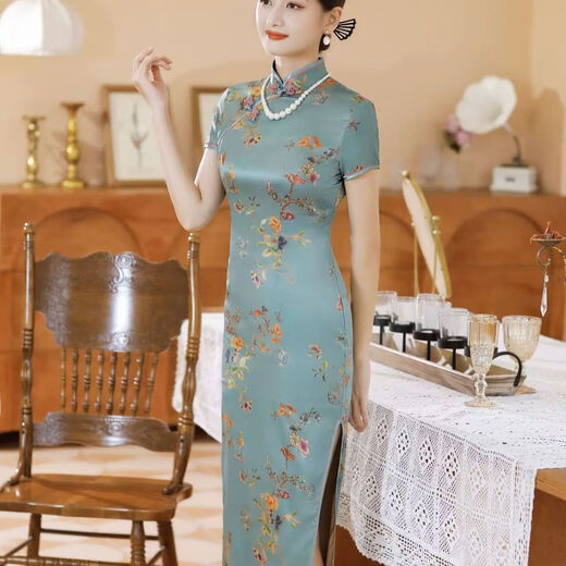 New Chinese style ink painting improved daily wearable cheongsam for young girls short-sleeved slim long dress dark green 2XL (125-135Jin Jin equals 0.5kg)