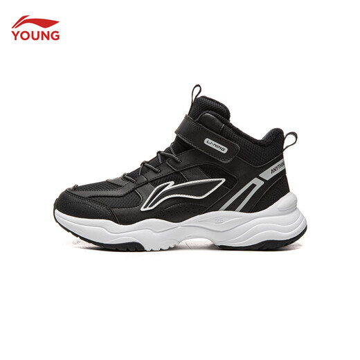 Li Ning children's shoes, children's cotton shoes, sports shoes, men's and women's, velvet, reflective, water-repellent, mid-top casual shoes, YKCU224, velvet, black-9 36