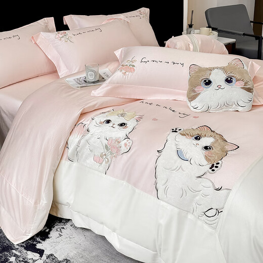Mercury Series Class A Long Staple Cotton Four-piece Set 2025 New Cotton Cartoon Cat Embroidered Quilt Cover Pure Cotton Sheet Cute Bedding 4 Hot-Selling Type A Maternal and Infant Grade Long Staple Cotton Sweet Diary-Iceberry Pink 1.8m Sheet Style Four-piece Set Quilt Cover 200*230