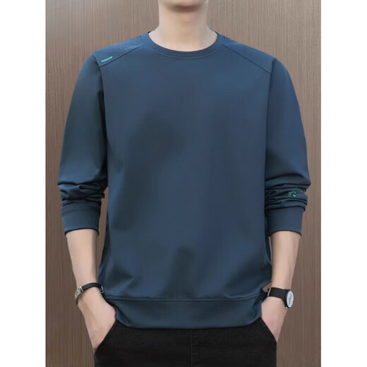 YISHion 2026 New Spring and Autumn New Round Neck Loose Pullover Large Size Sweater Men's Long Sleeve T-Shirt Bottoming Top 17990 Navy Blue XL (Suitable for 130-145Jin Jin is equal to 0.5kg)