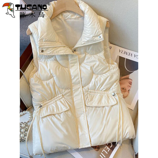 Woodpecker no-wash glossy down cotton vest for women 2025 autumn and winter Korean style short loose stand-up collar waistcoat vest black 618 black XL recommendation 120-140Jin Jin equals 0.5 kg